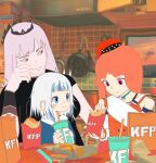  3girls artist_request bag chicken_nuggets food french_fries gawr_gura hololive ketchup kfp kitchen mori_calliope multiple_girls paper_bag soda takanashi_kiara virtual_youtuber 