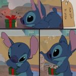 2023 4_fingers absurd_res alien big_ears blue_body blue_fur christmas condom confusion detailed_background disney english_text experiment_(lilo_and_stitch) fingers fur gift hi_res holding_object holidays humor inside lilo_and_stitch looking_down male meme pokachu_(artist) question_mark sexual_barrier_device solo standing stitch_(lilo_and_stitch) text