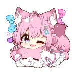  1girl :3 :d animal_ear_fluff animal_ears antenna_hair braid chibi french_braid hakui_koyori heart hexagon_hair_ornament hololive kokoro_(hakui_koyori) long_hair looking_at_viewer muuran one_eye_closed open_mouth pink_hair purple_eyes smile tail virtual_youtuber white_background wolf_ears wolf_girl wolf_tail 