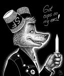 2023 anthro canid canine clothed clothing container cup cups_on_ears dialogue fangs fox fur gregg_lee hi_res holding_knife holding_object holding_weapon jacket knife looking_back male mammal narrowed_eyes night_in_the_woods nikraccoom open_mouth shirt side_view signature solo teeth text topwear weapon