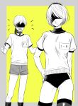  1boy 1girl :d arms_behind_back black_blindfold black_choker blindfold border breasts buruma choker clenched_hand closed_mouth facing_viewer gluteal_fold grey_border grey_shorts greyscale gym_shirt gym_uniform hand_on_hip jewelry medium_breasts mellow_rag mole mole_under_mouth monochrome name_tag nier_(series) nier_automata open_mouth pendant shirt short_hair short_sleeves shorts smile socks thighhighs white_shirt yellow_background yorha_no._2_type_b yorha_no._9_type_s 