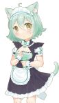  1girl :&lt; ahoge animal_ear_fluff animal_ears bi_neko706 black_dress blush bow bowtie cacao_(nekopara) cat_ears cat_girl cat_tail child cleavage_cutout closed_mouth clothing_cutout colored_eyelashes commentary_request cowboy_shot double-parted_bangs dress frilled_dress frills green_bow green_bowtie green_hair green_tail hair_between_eyes hair_bow highres holding looking_at_viewer medium_hair nekopara puffy_short_sleeves puffy_sleeves short_dress short_hair short_sleeves slit_pupils solo standing tail white_wrist_cuffs yellow_eyes 