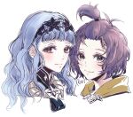  2girls bernadetta_von_varley black_hairband blue_hair commentary_request fire_emblem fire_emblem:_three_houses fire_emblem_warriors:_three_hopes grey_eyes hairband highres long_hair looking_at_viewer marianne_von_edmund multiple_girls purple_hair short_hair simple_background smile umi_(_oneinchswing) white_background 