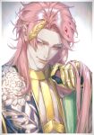  1boy akr_noze ancient_greek_clothes apollo_(shuumatsu_no_valkyrie) armored_gloves bishounen diamond_hair_ornament gloves greco-roman_clothes hand_in_own_hair highres laurel_crown lips long_hair looking_at_viewer male_focus one_eye_closed shuumatsu_no_valkyrie smile smug sunlight upper_body yellow_eyes 
