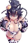  1girl animal_ears animal_print belt black_eyes breasts chain chain_chomp cow_print hair_between_eyes highres horns hot_vr large_breasts leg_belt looking_at_viewer mario_(series) new_super_mario_bros._u_deluxe one-piece_swimsuit patreon_username ponytail princess_chain_chomp red_belt sharp_teeth short_hair simple_background smile solo super_crown swimsuit teeth thighhighs white_background white_one-piece_swimsuit white_thighhighs yellow_horns 