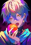  1boy apple blue_hair blue_scarf brown_hair earrings food fruit green_eyes heart heart_earrings highres holding holding_food holding_fruit ike_eveland jewelry long_sleeves male_focus multicolored_hair nijisanji nijisanji_en open_mouth scarf solo turtleneck virtual_youtuber zhihuzheyejiuye 