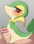 anthro biped blush brown_eyes censor_bar duo erection female generation_5_pokemon genitals green_body hi_res himimi human male mammal nintendo penis pokemon pokemon_(species) snivy tan_body yellow_body