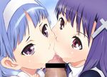  2girls :&gt;= bangs blue_hair blunt_bangs blush censored cross cum cum_in_mouth fellatio hair_ornament hairband hetero kannagi ko-yan long_hair multiple_fellatio multiple_girls nagi nun oral penis pink_eyes pointless_censoring pov purple_eyes purple_hair teamwork zange 