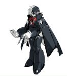  1boy black_jack_(character) black_jack_(series) bow bowtie cape full_body helmet highres holding_scalpel joints male_focus mechanization mega_man_(series) multicolored_hair no_mouth object_through_head pipebomb_(cracker68659106) red_bow red_bowtie red_eyes robot robot_joints screw_in_head solo spade_(shape) split-color_hair stitched_face stitches 