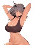  1girl absurdres arknights arms_up black_choker black_sports_bra bottomless breasts choker cleavage distr feather_hair green_eyes grey_hair greythroat_(arknights) groin hair_between_eyes hair_ornament highres large_breasts long_hair looking_at_viewer navel out-of-frame_censoring short_hair simple_background solo sports_bra sweat upper_body white_background 
