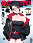  1girl absurdres alternate_costume black_choker black_crowser black_eyes black_hair black_jacket black_shirt black_shorts boruto:_naruto_next_generations character_name choker cover earrings fake_magazine_cover glasses highres jacket jewelry magazine_cover naruto_(series) shirt short_hair shorts solo uchiha_sarada 