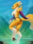  2018 3_toes absurd_res anthro armwear black_sclera blue_eyes breasts butt butt_pose canid canine clothed clothing competition_swimsuit detailed_background digimon digimon_(species) digital_media_(artwork) edit female fur hi_res long_legs looking_at_viewer looking_back mammal mountain neck_tuft one-piece_swimsuit outside pawpads photonoko rear_view renamon solo swimsuit thick_thighs toes topless tuft water wet yellow_fur 