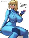  1girl artist_logo blonde_hair blue_bodysuit blue_eyes blush bodysuit breasts closed_mouth condom covered_navel cowboy_shot donburi_(donburikazoku) english_text hand_on_own_hip highres holding holding_condom large_breasts long_hair metroid ponytail samus_aran sidelocks skin_tight sweat sweatdrop thigh_gap wrist_cuffs zero_suit 