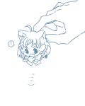  ! 1girl ahoge animal_ear_fluff animal_ears bow bowtie braid carrying carrying_person cat_ears cat_girl chibi clover_hair_ornament commentary_request hair_bow hair_ornament highres kashikaze kemonomimi_mode lineart love_live! love_live!_sunshine!! medium_hair mini_person monochrome side_braid simple_background solo_focus spoken_exclamation_mark takami_chika 