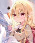  1girl artist_name backpack bag blonde_hair blue_scarf blush brown_shirt hair_between_eyes long_hair original pantyhose parted_lips plaid plaid_scarf red_bag red_eyes scarf shikitani_asuka shirt snowman solo twitter_username white_pantyhose 