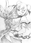  1girl bandaged_arm bandages breasts bun_cover chain cuffs double_bun flower hair_bun highres ibaraki_kasen index_finger_raised looking_at_viewer monochrome one_eye_closed puffy_short_sleeves puffy_sleeves rivasan rose shackles shirt short_hair short_sleeves simple_background skirt solo tabard touhou 