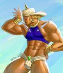  1boy abs absurdres bara battle_tendency blonde_hair bulge dark-skinned_male dark_skin demonicboimike earrings feet_out_of_frame from_side gold highres hoop_earrings jewelry jojo_no_kimyou_na_bouken large_pectorals loincloth male_focus mature_male midriff muscular muscular_male navel nipple_slip nipples pectorals posing profile sideburns_stubble sidepec solo stomach thick_eyebrows thick_thighs thighs turban wamuu 