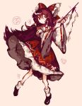  1girl black_footwear bow brown_eyes brown_hair detached_sleeves full_body hair_bow hair_tubes hakurei_reimu heart highres holding holding_stick long_hair looking_at_viewer open_mouth red_bow red_skirt rrrssr simple_background skirt socks stick touhou white_socks yin_yang 