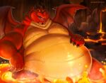 anthro belly big_belly cave claws double_chin dragon dungeons_and_dragons glistening glistening_body glowing hand_on_stomach hasbro hi_res lava male overweight overweight_anthro overweight_male relaxing scales shibadoodles size_difference smile soft_belly solo spread_wings themberchaud thick_thighs wings wizards_of_the_coast yellow_eyes