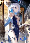  1girl ahoge blue_dress blue_eyes blue_hair breasts dress focalors_(genshin_impact) french_commentary genshin_impact heterochromia long_hair looking_at_viewer multicolored_hair scottie_(phantom2) small_breasts solo two-tone_hair white_hair 