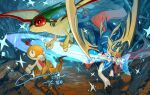  amehatobook bright_pupils claws closed_mouth commission flygon frown grey_eyes looking_up mouth_hold no_humans pokemon pokemon_(creature) scraggy sparkle standing sword teeth weapon white_pupils zacian 