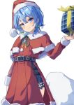  1girl absurdres belt blue_eyes blue_hair blush brown_belt cape capelet christmas_present dress fur-trimmed_capelet fur-trimmed_dress fur-trimmed_headwear fur_trim gift hat highres holding holding_gift hololive hoshimachi_suisei kisara_mikami looking_at_viewer medium_hair red_cape red_headwear santa_capelet santa_dress santa_hat smile solo virtual_youtuber white_background 