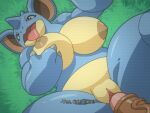 anthro areola big_breasts breasts female generation_1_pokemon genitals hi_res hidoihito lying male male/female nidoqueen nintendo nipples on_back penis pokemon pokemon_(species) pupils spread_legs spreading thick_thighs tongue tongue_out vein veiny_penis