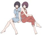  2girls alternate_costume barefoot black_hair blue_eyes breasts collarbone commentary_request crossed_legs hair_ornament hairclip hand_on_own_knee hanekawa_tsubasa highres invisible_chair knees_together_feet_apart large_breasts legs looking_at_viewer medium_breasts monogatari_(series) multiple_girls open_mouth pajamas puffy_short_sleeves puffy_sleeves purple_eyes purple_hair senjougahara_hitagi short_hair short_sleeves sidelocks simple_background sitting sleeveless smile toenails toes valhalla0707 white_background 