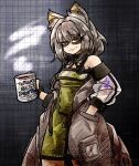  1girl animal_ear_fluff animal_ears arknights bags_under_eyes bare_shoulders breasts cat_ears closed_mouth coat commentary commission cowboy_shot cup dress english_commentary green_dress green_eyes grey_background grey_coat grey_hair hair_intakes hand_in_pocket holding holding_cup kal&#039;tsit_(arknights) long_sleeves looking_at_viewer medium_bangs medium_hair mug off_shoulder open_clothes open_coat see-through see-through_sleeves skeb_commission small_breasts smile solo suenari_(peace) 