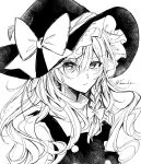  1girl annin_cha artist_name bow braid buttons collared_shirt hair_bow hat hat_bow highres kirisame_marisa long_hair looking_at_viewer monochrome portrait shirt single_braid solo touhou vest white_background witch_hat 