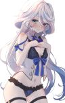  1girl alternate_costume ascot bare_arms blue_ascot blue_brooch blue_eyes blue_hair blush breasts closed_mouth commentary_request cowboy_shot furina_(genshin_impact) furrowed_brow genshin_impact hair_between_eyes heterochromia highres light_blue_hair long_hair looking_at_viewer multicolored_hair navel sidelocks simple_background small_breasts solo stomach streaked_hair thighs tomoshibi_(rokugatsu) two-tone_hair white_background 