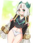  1girl amica black_dress blush breasts choker cleavage cougar_(cougar1404) dragon:_marked_for_death dress green_eyes green_horns horns long_hair looking_at_viewer panties solo underwear white_hair white_panties 