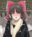  1girl alternate_costume black_coat blizzard blunt_bangs blush bow brown_hair closed_eyes coat commentary english_commentary frilled_bow frills hair_bow hakurei_reimu highres husbant_(meme) long_hair medium_bangs meme omikami open_mouth red_bow round_teeth scarf snowing solo teeth touhou upper_body upper_teeth_only white_scarf winter 