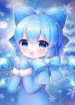  1girl blue_bow blue_dress blue_eyes blue_hair blue_mittens blue_scarf blush bow cirno coa_(chroo_x) detached_wings dress fairy fur-trimmed_sleeves fur_trim hair_between_eyes hair_bow ice ice_wings mittens open_mouth scarf short_hair smile solo touhou upper_body wings 