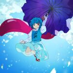  1girl blue_eyes blue_hair blue_skirt blue_sky blue_umbrella blue_vest closed_mouth cloud commentary_request day flat_chest frilled_sleeves frills heterochromia holding holding_umbrella juliet_sleeves kaigen_1025 long_sleeves puffy_sleeves red_eyes sandals shirt skirt sky smile tatara_kogasa touhou umbrella vest white_shirt 