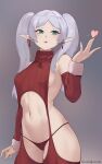  1girl breasts commentary cowboy_shot detached_sleeves frieren green_eyes grey_background grey_hair hand_up heart highres hioyami long_hair long_sleeves navel pointy_ears red_sweater revealing_clothes simple_background sleeveless sleeveless_turtleneck small_breasts solo sousou_no_frieren standing stomach sweater turtleneck turtleneck_sweater twintails virgin_destroyer_sweater 