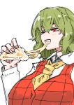  ascot breasts eating food green_hair highres holding holding_food holding_pizza kazami_yuuka large_breasts long_sleeves medium_hair negataipa pizza pizza_slice red_eyes shirt touhou white_shirt yellow_ascot 