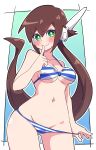  1girl absurdres aile_(mega_man_zx) bare_shoulders bikini bikini_pull blue_bikini blush breasts brown_hair buzzlyears clothes_pull finger_to_mouth green_eyes highres medium_breasts mega_man_(series) mega_man_zx mega_man_zx_advent multicolored_bikini multicolored_clothes ponytail robot_ears simple_background solo striped striped_bikini swimsuit white_bikini 