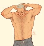  1boy aaron_gruber_(o_natsuo88) arm_hair armpit_hair armpits arms_behind_back beard_stubble chest_hair cowboy_shot facial_hair grey_hair grey_pants hand_hair highres male_focus male_underwear male_underwear_peek mature_male mustache navel navel_hair nipples o_natsuo88 old old_man original pants receding_hairline scar scar_on_cheek scar_on_face shirt short_hair simple_background solo strongman_waist sweatpants thick_eyebrows thick_mustache topless_male underwear wrinkled_skin yellow_background 