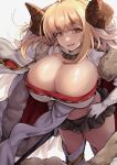  1girl anila_(granblue_fantasy) blonde_hair breasts cleavage granblue_fantasy hand_on_own_hip highres holding holding_staff holding_weapon horns large_breasts long_hair looking_at_viewer midriff midriff_peek miniskirt navel sheep_girl sheep_horns skirt smile staff thick_eyebrows thick_thighs thighs weapon yellow_eyes yude 