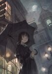  1girl black_dress black_hair black_umbrella bob_cut character_request cloud copyright_request dress european_architecture expressionless frilled_dress frilled_sleeves frills from_below highres holding holding_umbrella hotatenshi light long_sleeves outdoors pole rain solo teeth umbrella 