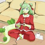 1:1 5_fingers accessory anthro asian_clothing beverage blue_eyes breasts choker clothed clothing colored controller crossed_legs dinosaur female fingers furniture game_controller goodbye_volcano_high green_body green_hair green_scales hair hair_accessory hair_bun hair_ribbon holding_controller holding_game_controller holding_object jewelry long_hair long_tail mug necklace ornithischian reptile ribbons scales scalie shrikethebird_(artist) sitting sitting_on_ground smile snoot_game snout sofa solo steaming_cup stegosaurian stegosaurus stella_(snoot_game) tail thyreophoran