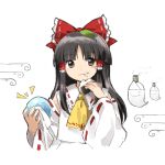  1girl ascot black_eyes black_hair closed_mouth collared_shirt detached_sleeves food frilled_ribbon frilled_shirt_collar frills ghost hair_ribbon hair_tubes hakurei_reimu hand_up holding holding_food kaigen_1025 long_hair long_sleeves looking_at_viewer onigiri red_ribbon ribbon ribbon-trimmed_collar ribbon-trimmed_sleeves ribbon_trim shirt solo touhou upper_body white_shirt white_sleeves yellow_ascot 