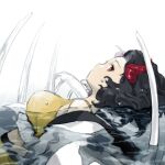  1girl breasts closed_mouth commentary_request crop_top frilled_shirt frills horns kaigen_1025 large_breasts partially_submerged red_eyes red_horns shirt short_hair simple_background solo touhou ushizaki_urumi water water_drop wavy_hair white_background yellow_shirt 