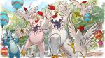  3others animal_costume balloon bird chicken cosplay dated final_fantasy final_fantasy_xiv flying_sweatdrops hands_up highres kigurumi multiple_others official_art okamoto_koudai open_mouth outdoors rabbit_costume signature 