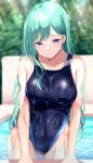  1girl absurdres aqua_hair arm_support black_one-piece_swimsuit blurry blurry_background breasts competition_swimsuit covered_navel day dripping green_hair hair_behind_ear highleg highleg_swimsuit highres kairi_(miry666) large_breasts light_rays light_smile long_hair looking_at_viewer one-piece_swimsuit outdoors pool purple_eyes solo swept_bangs swimsuit tree very_long_hair virtual_youtuber vspo! water wet wet_clothes yakumo_beni 