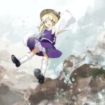 1girl arm_up blonde_hair bloomers brown_headwear commentary_request flat_chest hat kaigen_1025 long_hair long_sleeves moriya_suwako open_mouth purple_skirt purple_vest shoes skirt sleeves_past_wrists smile socks solo sweater touhou vest white_bloomers white_footwear white_socks white_sweater yellow_eyes 