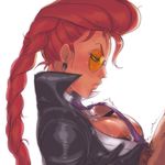  blush braid breasts crimson_viper cum cum_on_body cum_on_breasts cum_on_upper_body dark_skin gloves large_breasts long_hair lowres nanboku nipples open_clothes open_shirt paizuri paizuri_under_clothes penis pompadour red_hair shirt solo_focus street_fighter street_fighter_iv_(series) sunglasses 