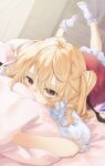  absurdres blonde_hair blush calpis118 covered_mouth feet_up flandre_scarlet highres hugging_object indoors looking_at_viewer lying on_stomach one_side_up pillow pillow_hug red_eyes socks touhou white_socks 
