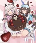  2girls absurdres admire_vega_(umamusume) alternate_hairstyle animal_ears apron blurry blurry_background bowl brown_hair cake chocolate_cake curren_chan_(umamusume) ear_covers food fruit highres holding holding_bowl horse_ears indoors jersey_maid jumping long_sleeves looking_at_viewer maid multiple_girls one_eye_closed open_mouth puffy_long_sleeves puffy_sleeves purple_eyes skates small-wso6-bell smile strawberry umamusume unconventional_maid white_apron 